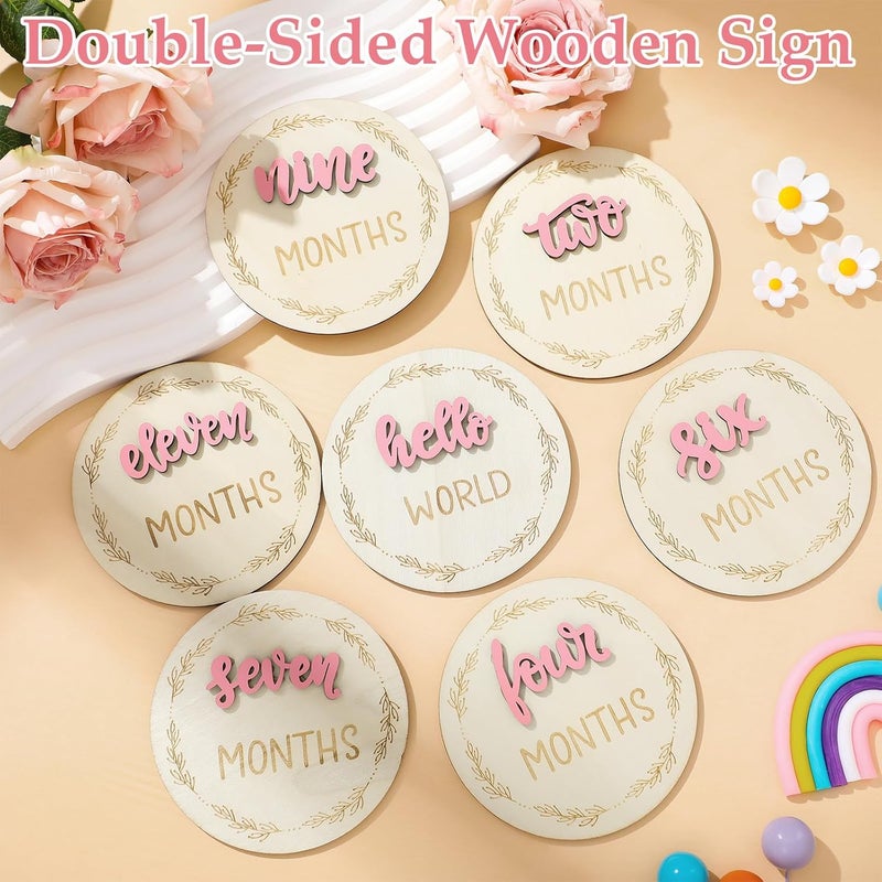AuraRay 7 Pcs Months Baby Milestone Signs, 3D Pink Baby Monthly Milestone Cards Milestone Wooden Circles for Newborn Boy Girl 1-12 Months Baby Milestone Pictures (Double Sided) - Image 3